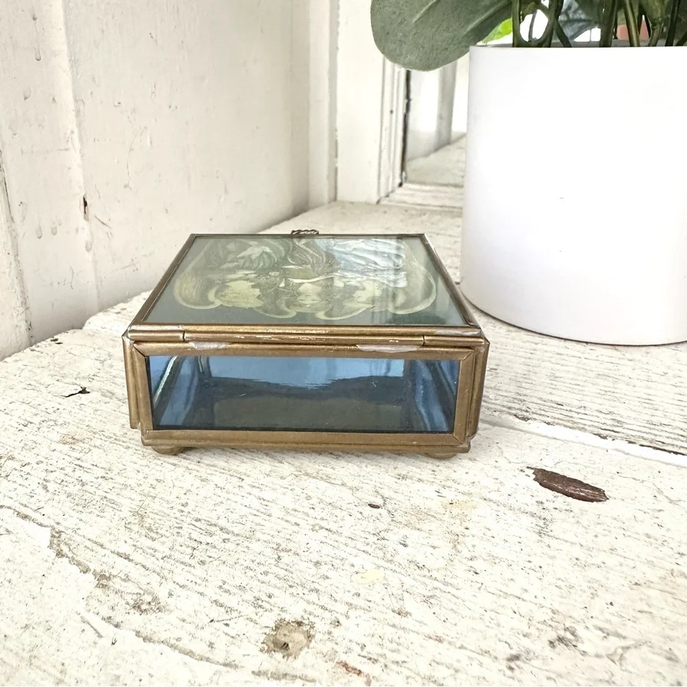 3/$22🩶 Vintage Angels Via Vermont Glass Brass Trinket Jewelry Box Mirror